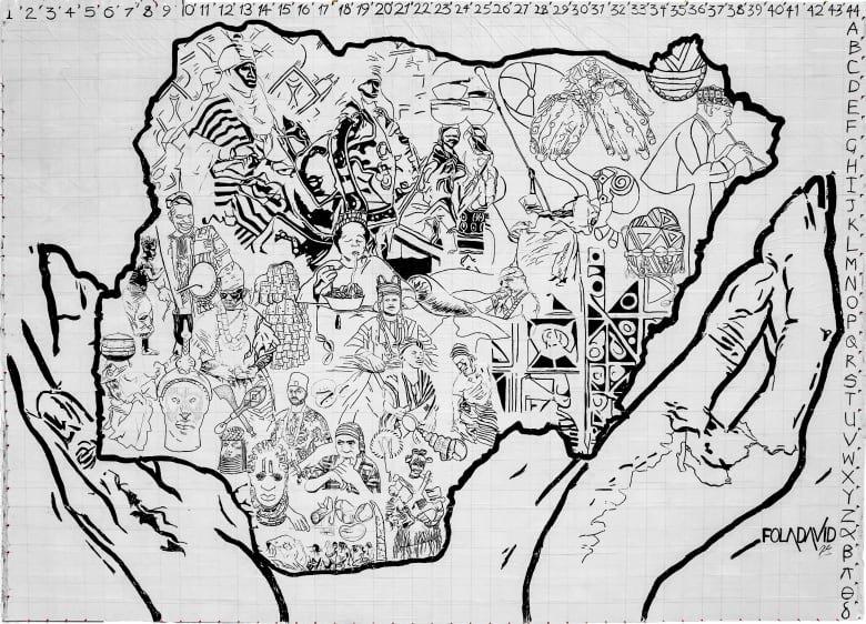 What looks like gridded paper showing a black marker drawing of two hands encircling a map of Nigeria filled with people, clothing, relics, food items and more.