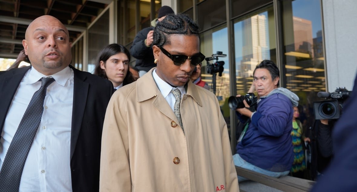 a-ap-rocky-shooting-trial-2 A man in a beige coat and dark sunglasses walks with his head tipped down. He is surrounded by other people, most carrying cameras.