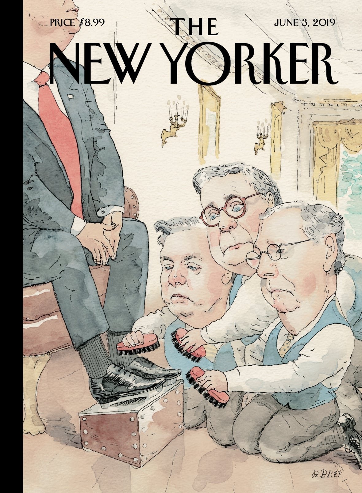 barry-blitt-2 A cartoon of people cleaning Donald Trump's shoes.