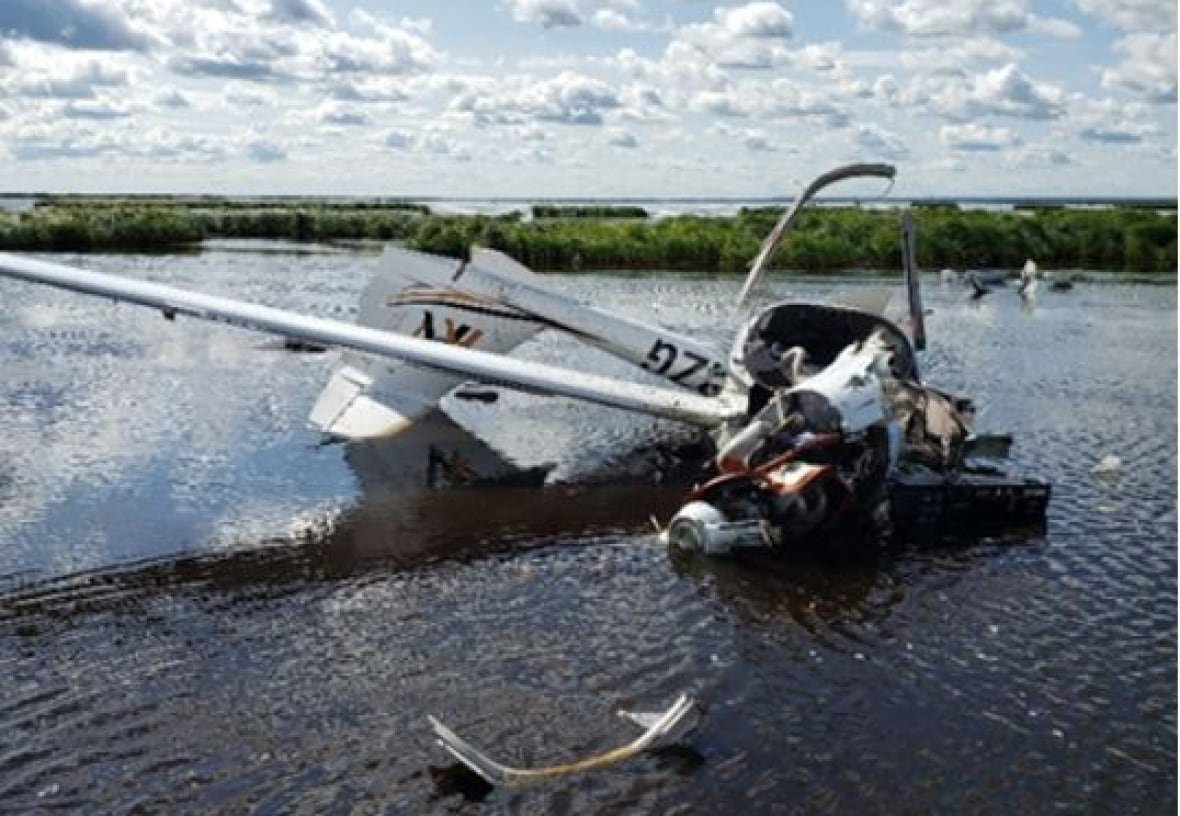 crash-scene The wreckage of a small plane sits in the water, surrounded by trees.