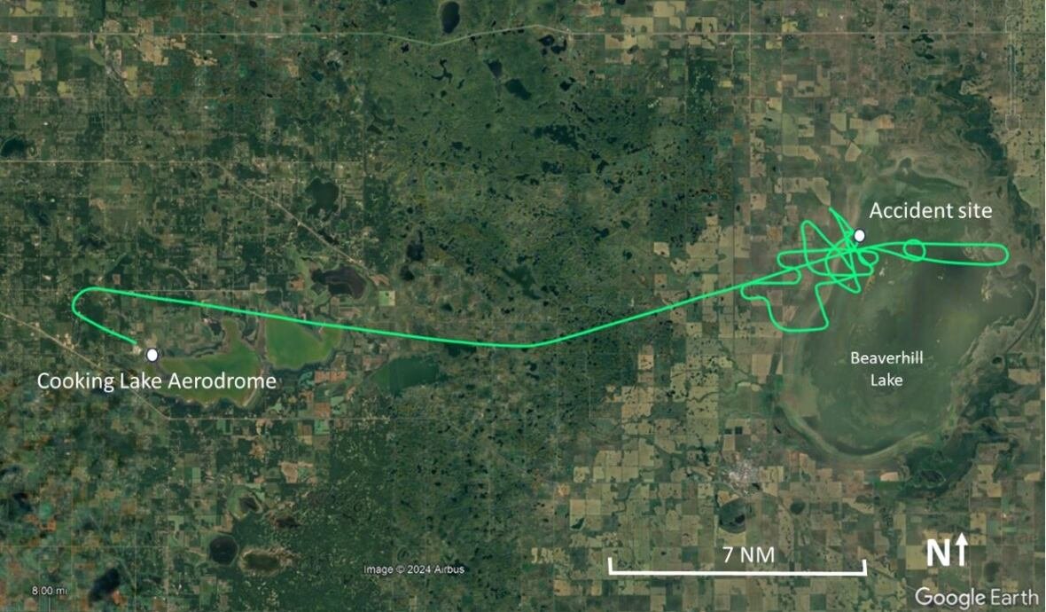 flight-crash-site A green map of an accident site and Cooking Lake Airport,