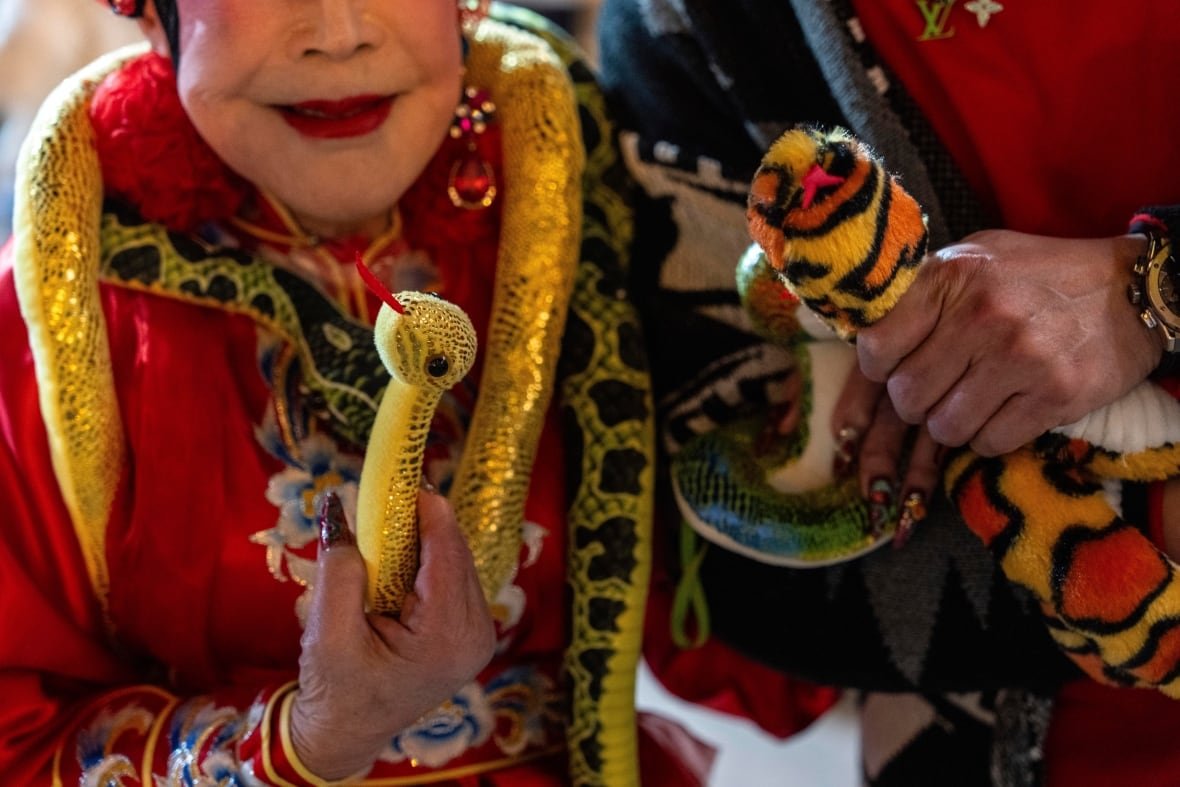 hong-kong-lunar-new-year-of-the-snake A woman holds a toy snake wrapped around her neck, next to another person who is holding a stuffed snake.