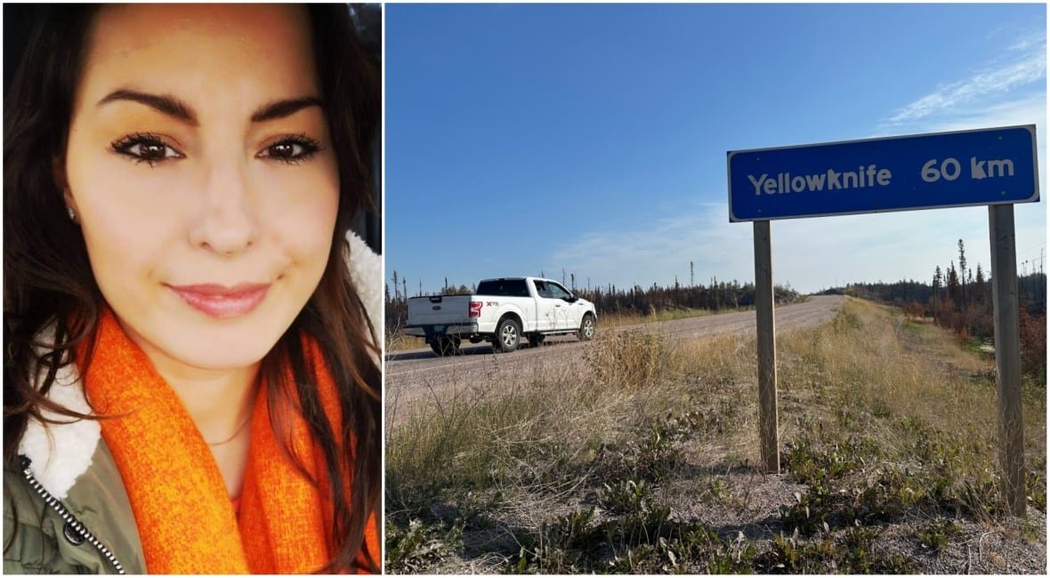 lafferty-yk A composite image shows a smiling woman on the left and a stretch of highway under clear, blue skies next to a road sign that says Yellowknife 60 km.