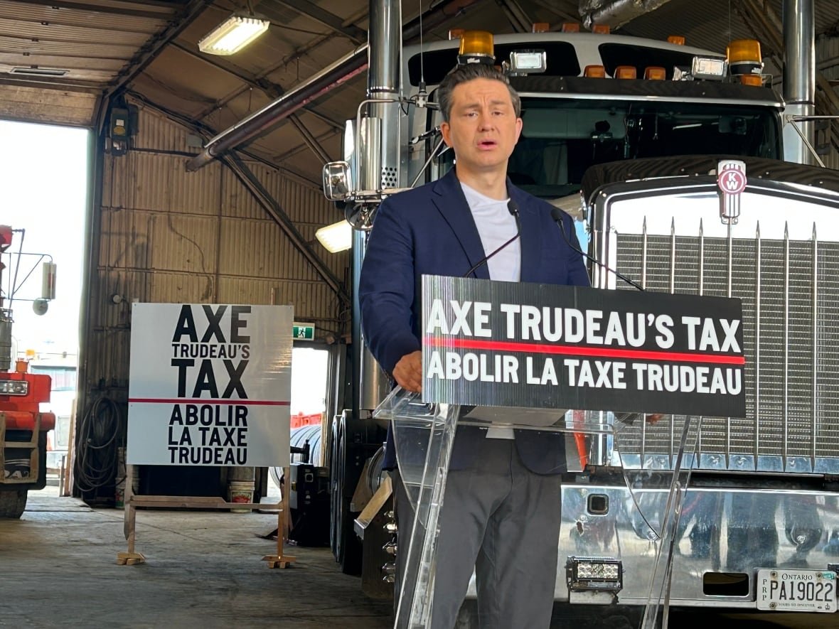 pierre-poilievre A man speaking on a podium in front of a big truck.