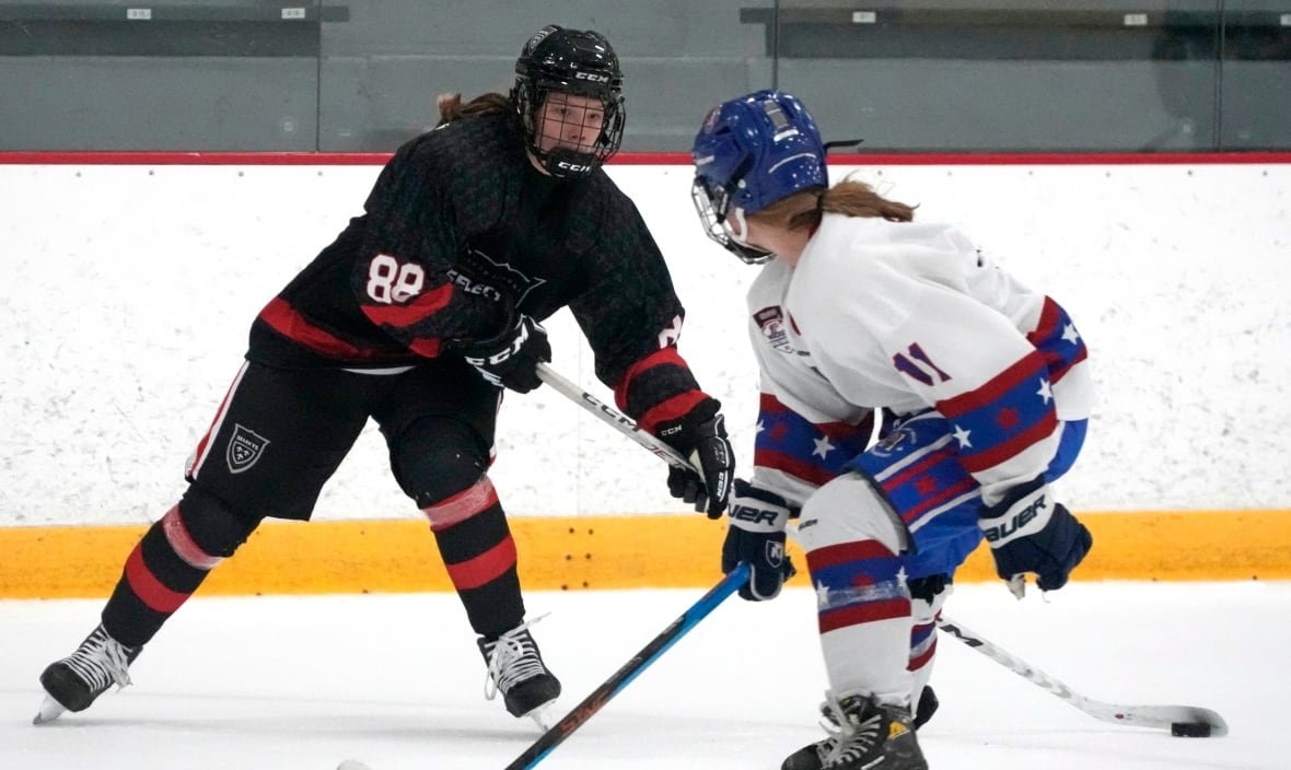 slovakian-teenage-phenom-2 Two female hockey players compete on the ice.