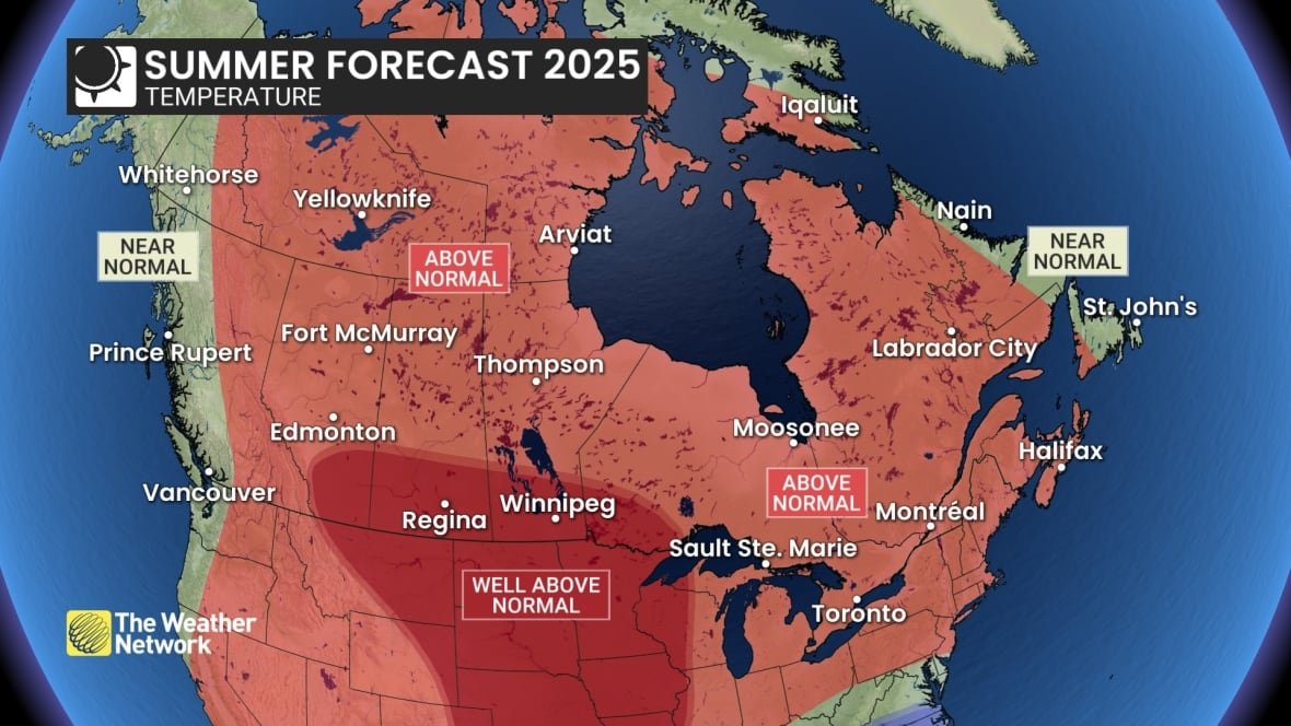 summer-forecast-20250528 An image shows above normal temperatures for most of Canada except B.C.'s coast, which says near normal.