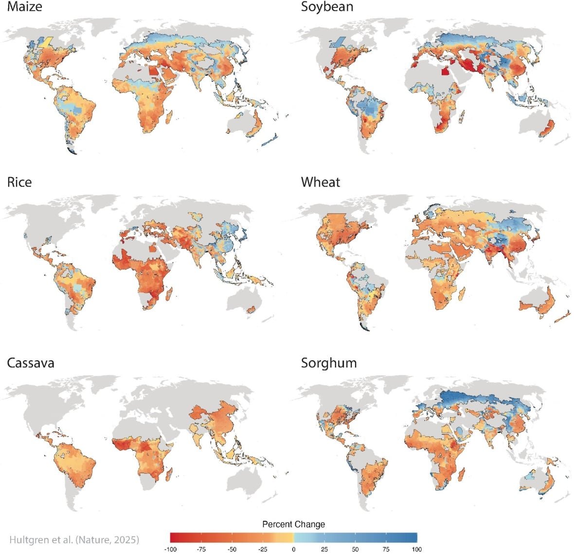 global-damage 6 world maps with red and blue regions representing changes in crop yields for different crops