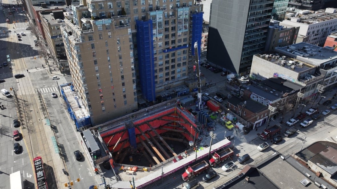 ontario-line-construction Aerial images of Ontario Line subway construction at Queen Street and Spadina Avenue.