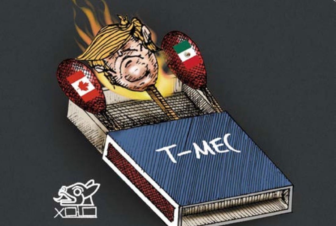 A political cartoon featuring matchboxes with the likenesses of Donald Trump, Mexico, and Canada.