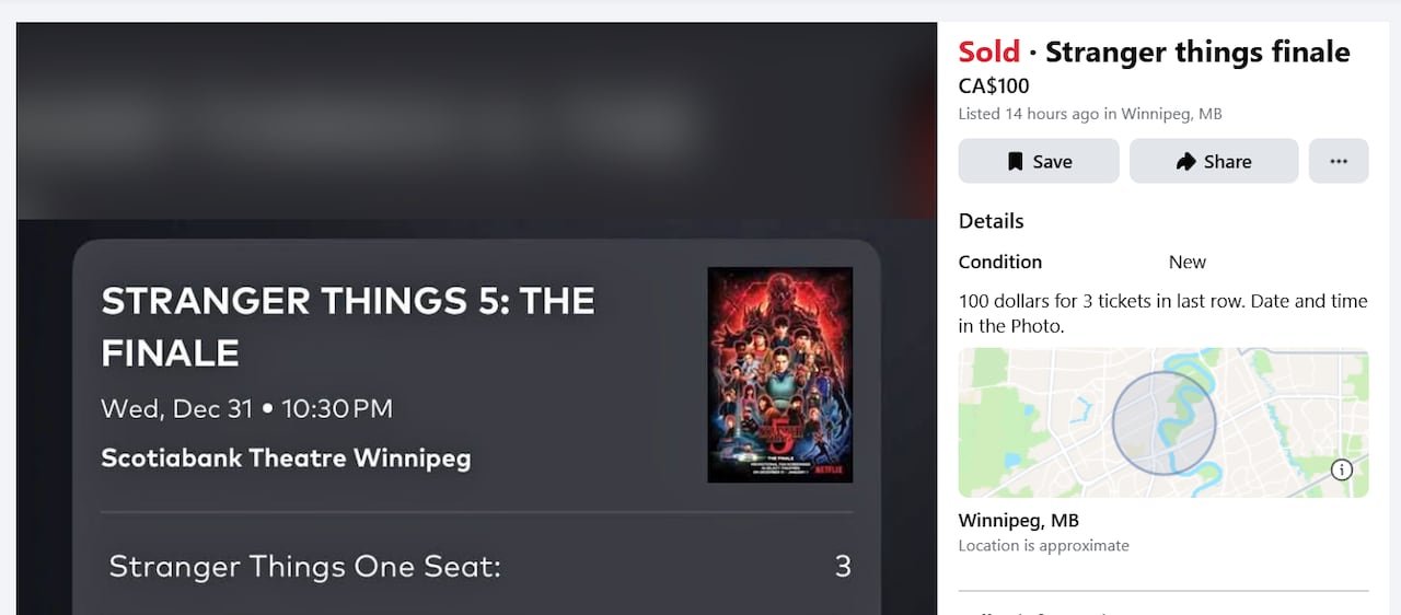 an ad on facebook marketplace lists tickets for the stranger things finale with red text that reads "sold". The description of the ad says "100 dollars for three tickets in last row. Date and time in the photo"