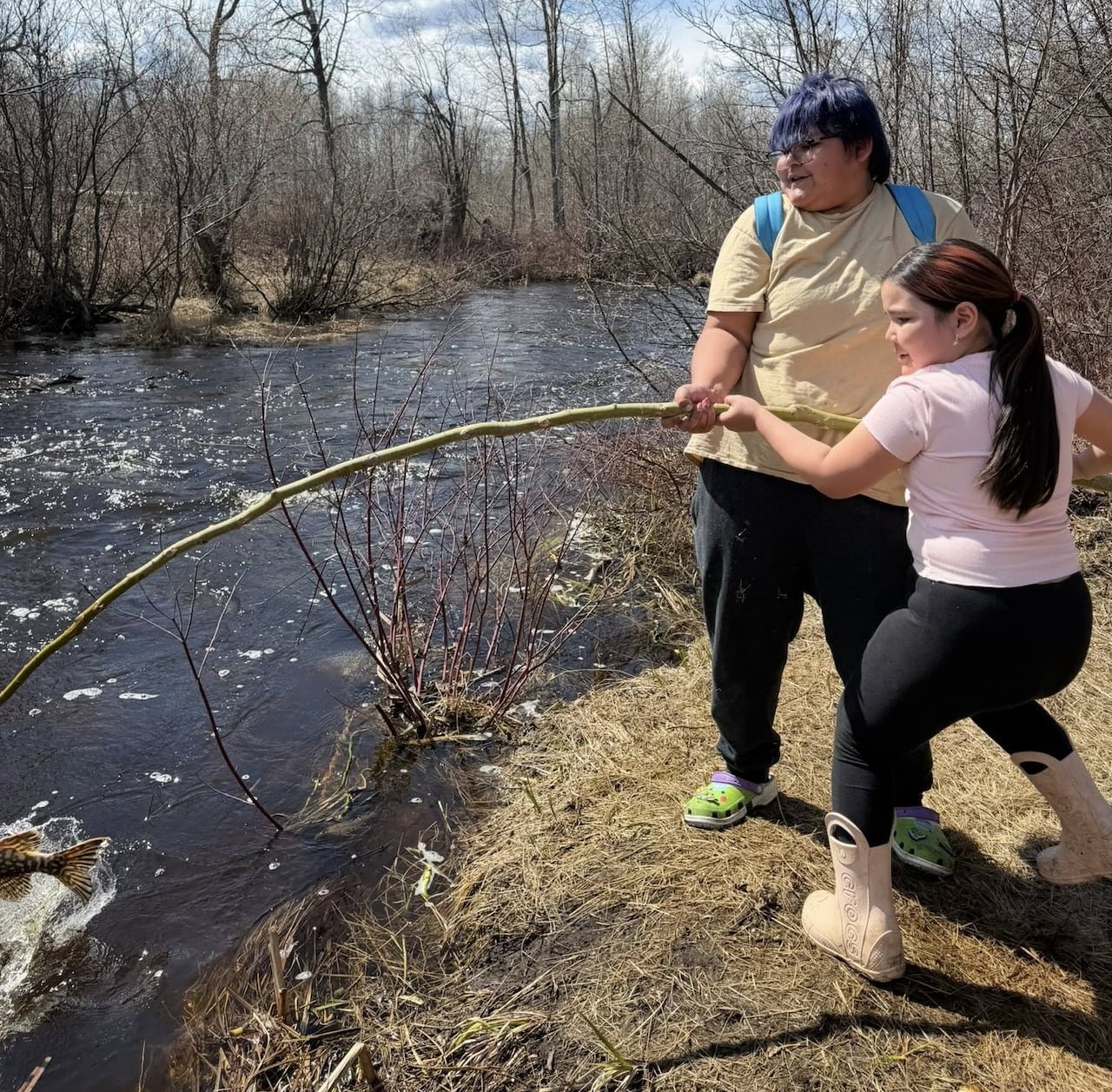 default-458 Two individuals grasp a lengthy, curved branch over a flowing stream, with a fish wriggling in the water at the branch's end.